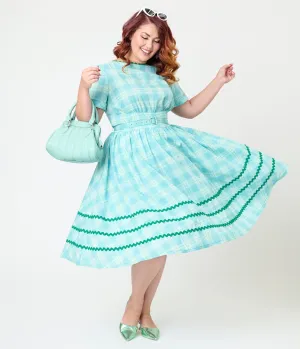 Unique Vintage Plus Size Teal Plaid & Green Cotton Swing Dress Casual Everyday Look