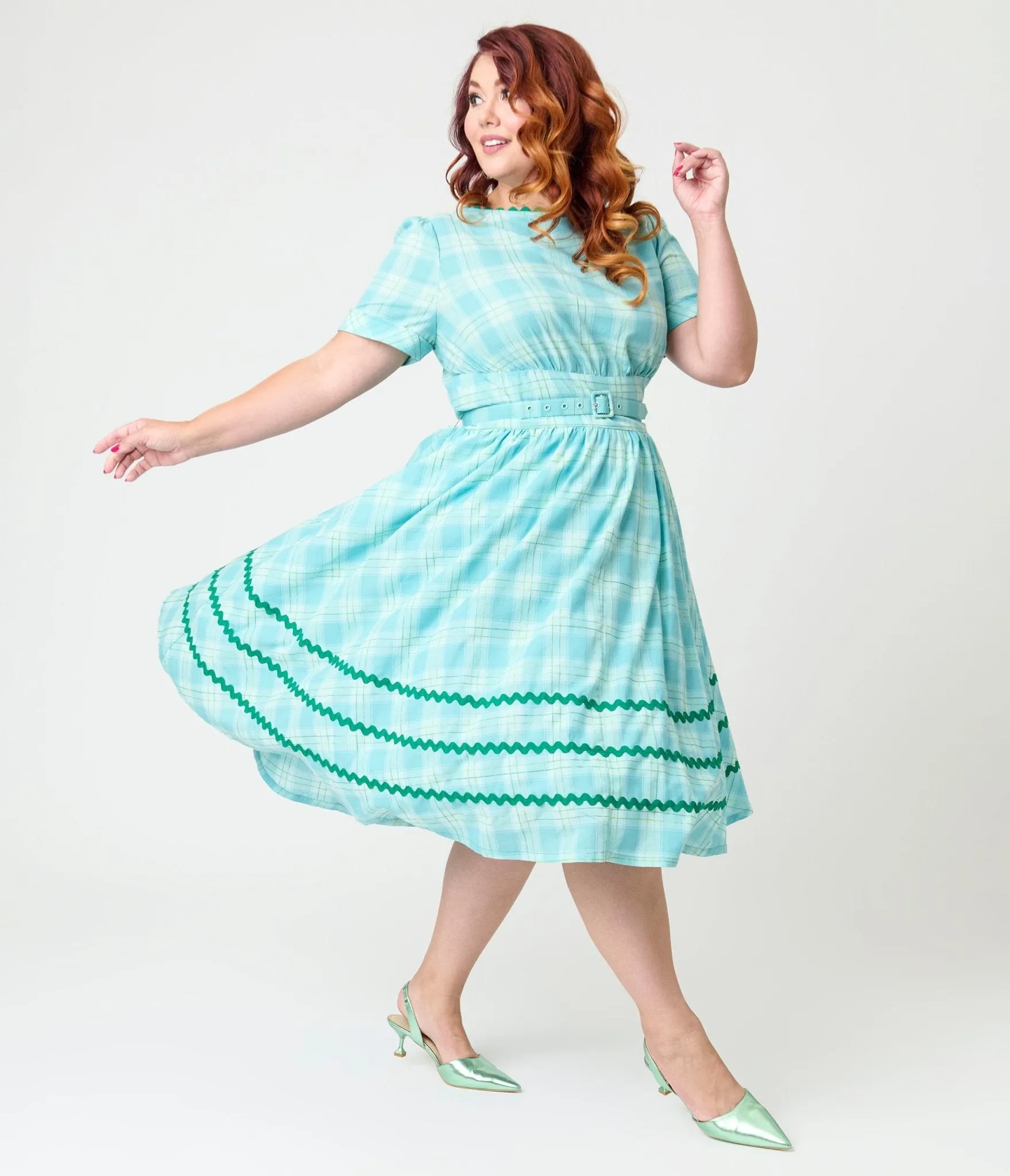 Unique Vintage Plus Size Teal Plaid & Green Cotton Swing Dress Casual Everyday Look