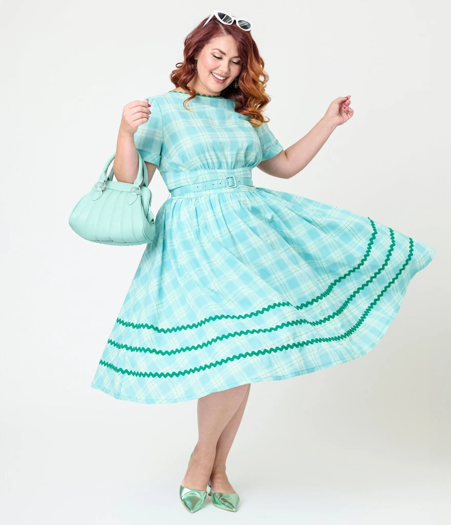 Unique Vintage Plus Size Teal Plaid & Green Cotton Swing Dress Casual Everyday Look