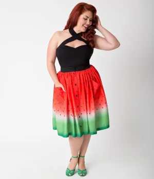 Unique Vintage Plus Size Watermelon Ombre Button Up Elora Swing Skirt Comfortable Travel Wear