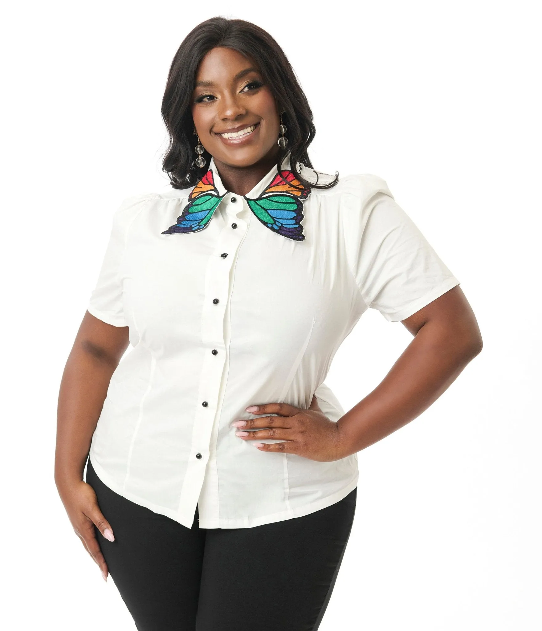 Unique Vintage Plus Size White & Rainbow Butterfly Collar Cotton Blouse Easy Date Night