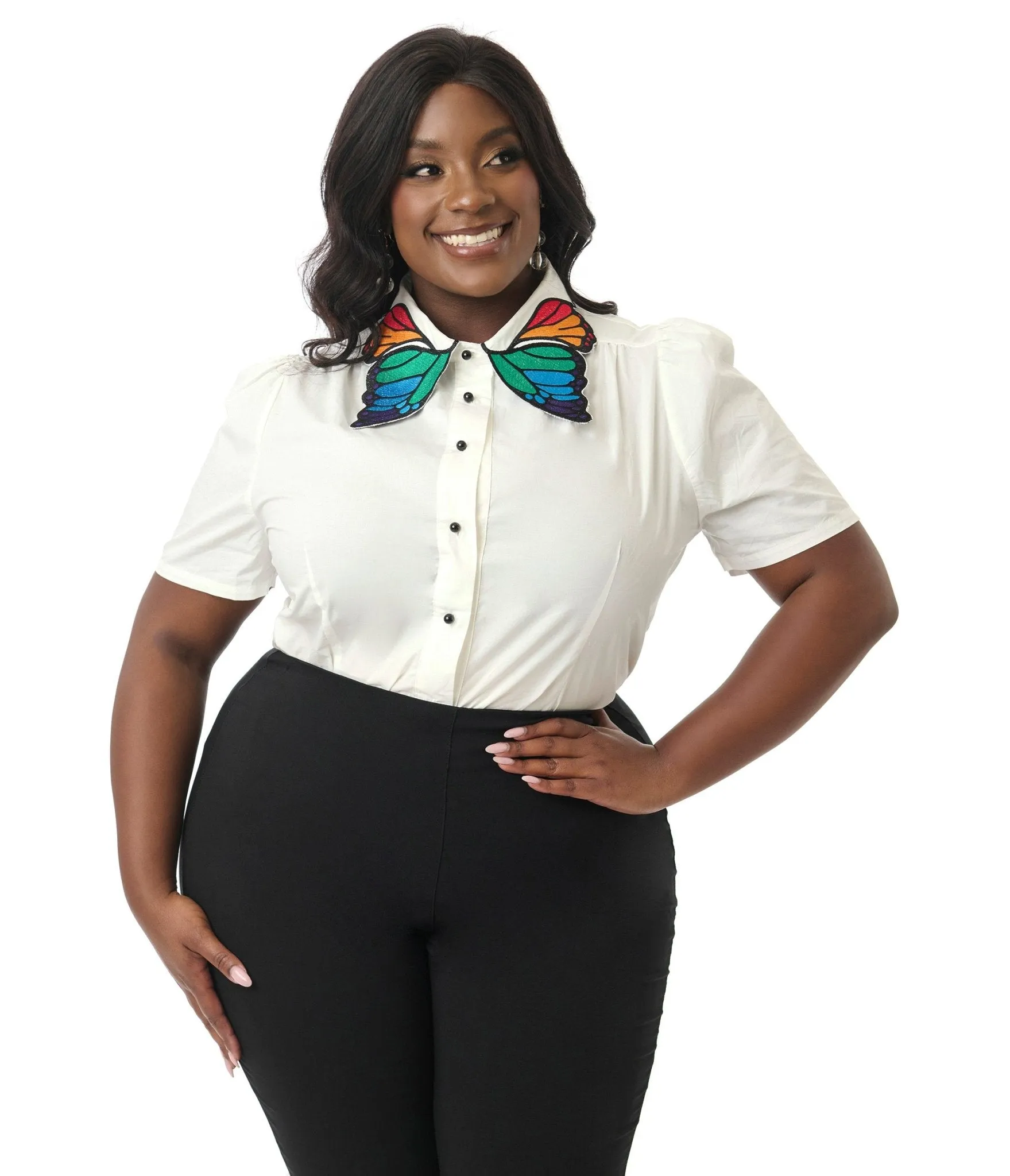 Unique Vintage Plus Size White & Rainbow Butterfly Collar Cotton Blouse Easy Date Night