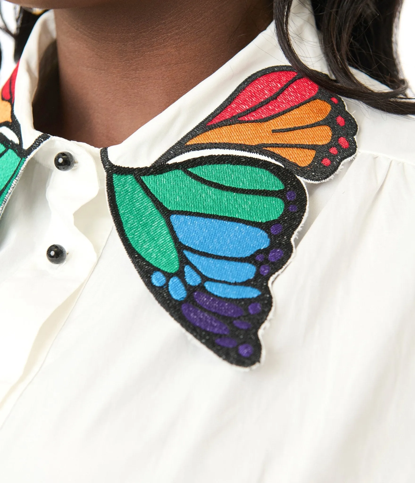 Unique Vintage Plus Size White & Rainbow Butterfly Collar Cotton Blouse Easy Date Night