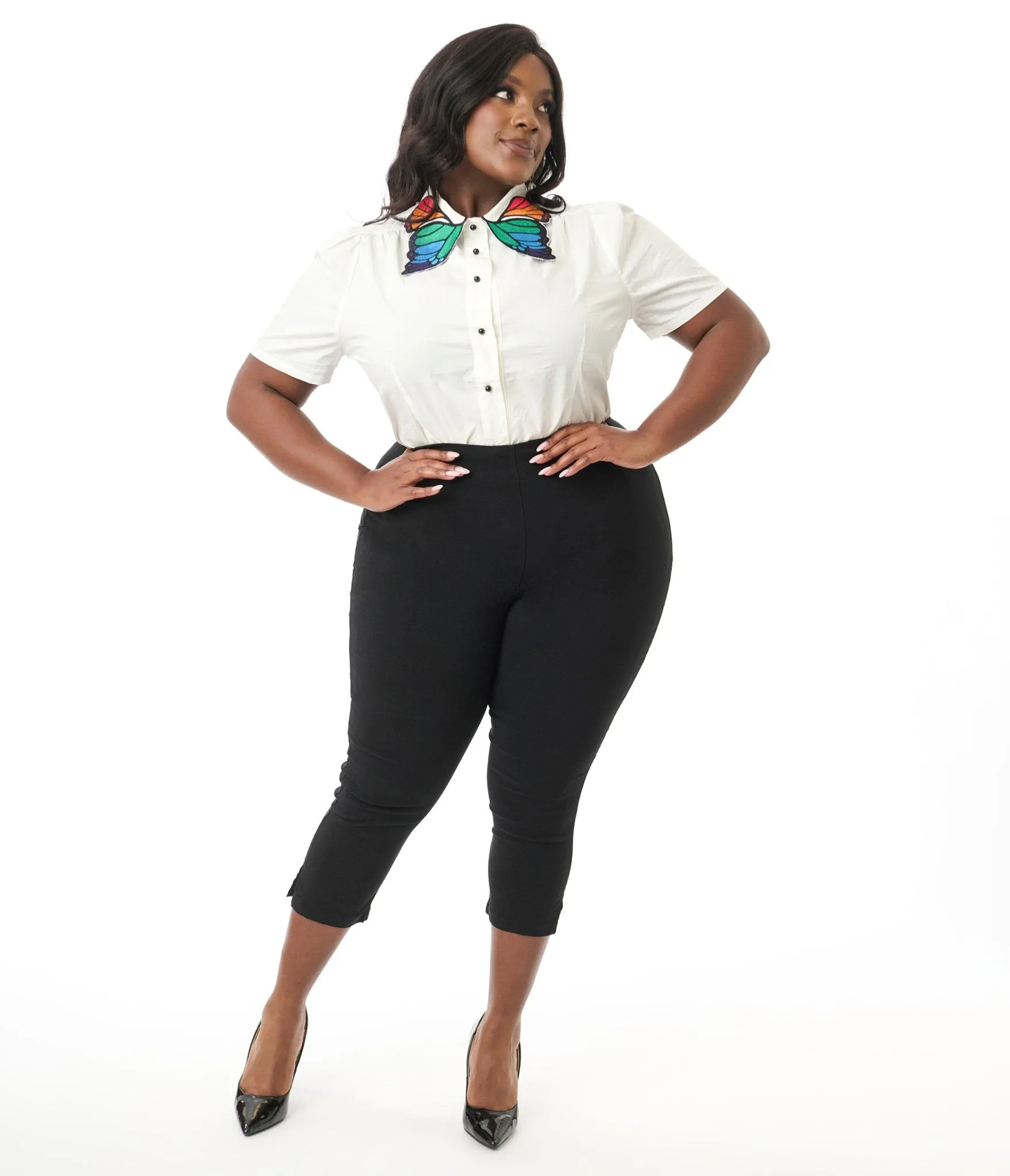 Unique Vintage Plus Size White & Rainbow Butterfly Collar Cotton Blouse Easy Date Night