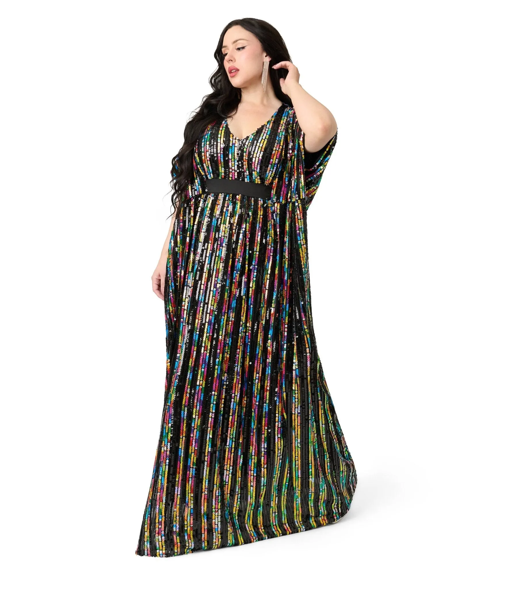 Unique Vintage Rainbow Sequin Stripe Burton Caftan Dress Casual Everyday Look