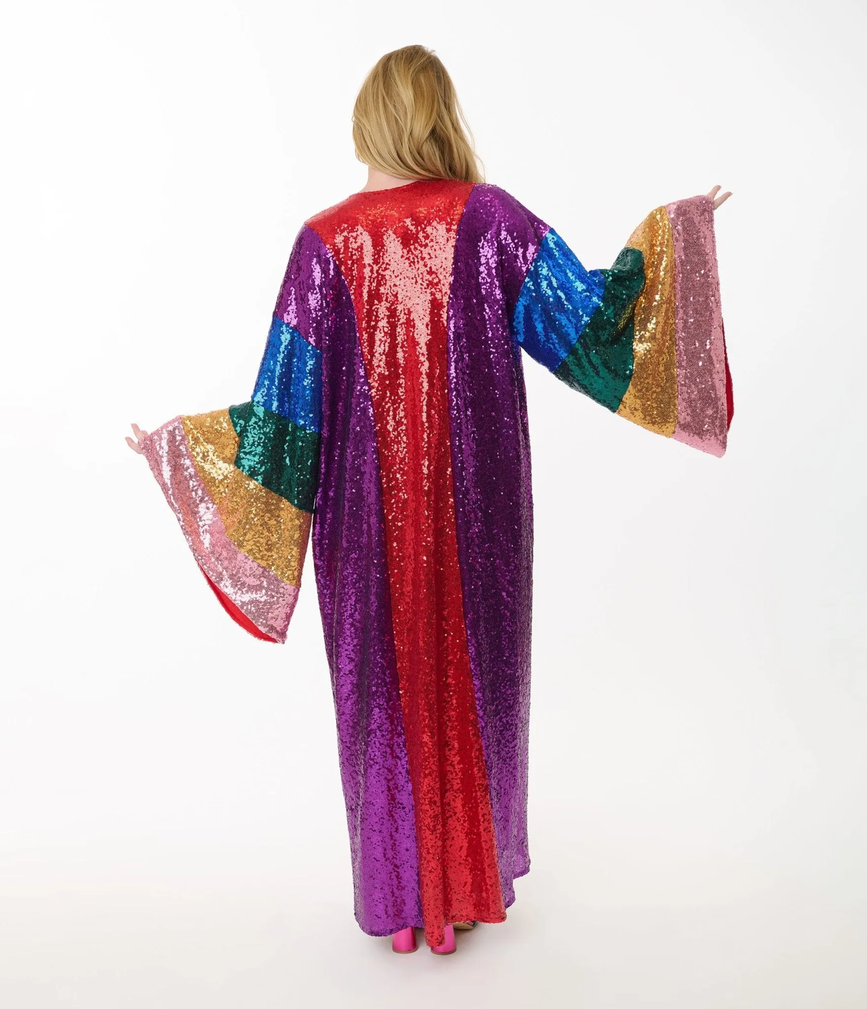 Unique Vintage Rainbow Sequin Striped Long Kimono Easy Date Night