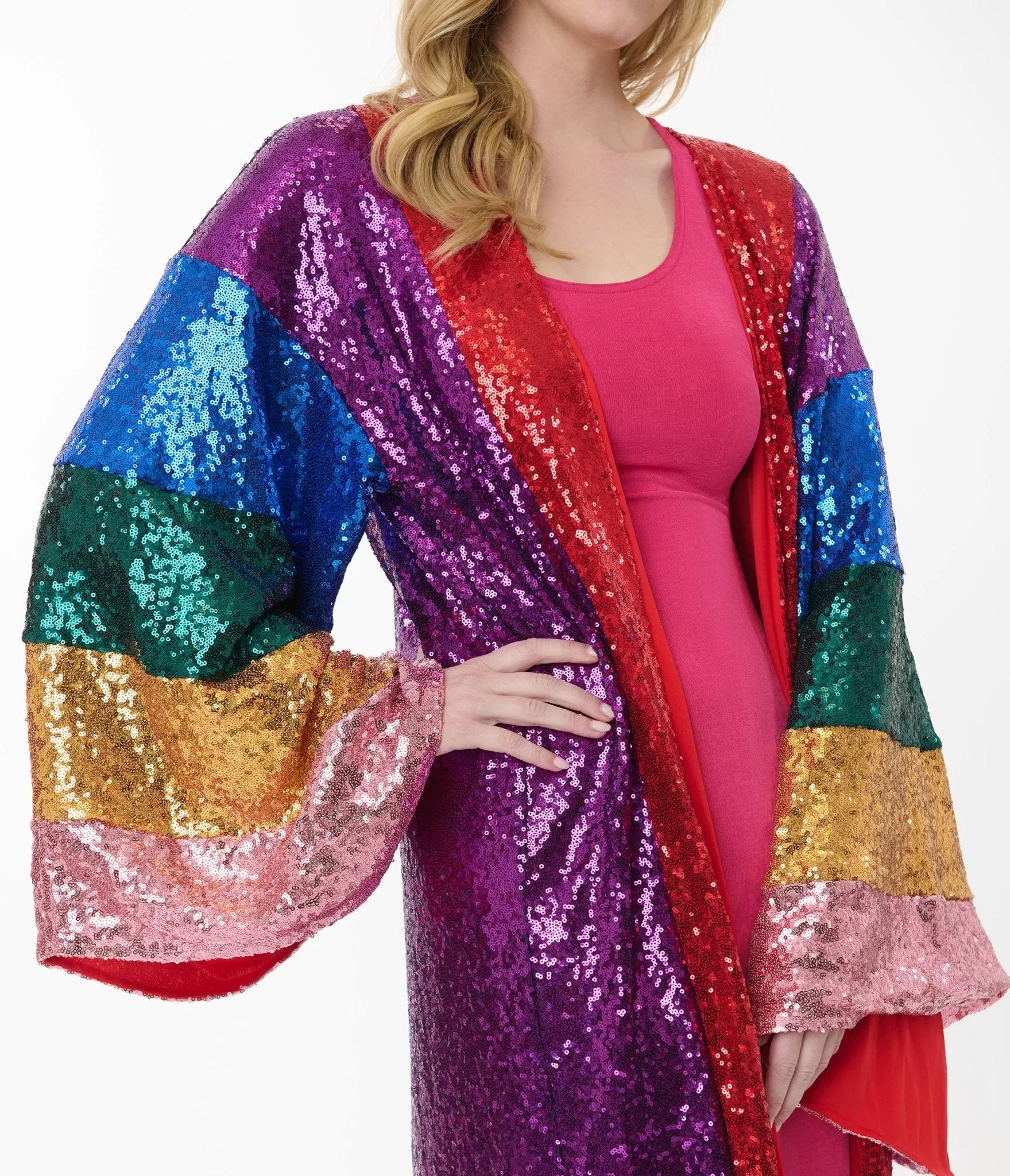 Unique Vintage Rainbow Sequin Striped Long Kimono Easy Date Night