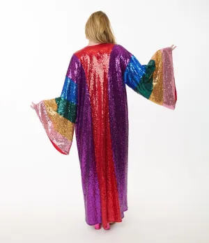 Unique Vintage Rainbow Sequin Striped Long Kimono Easy Date Night