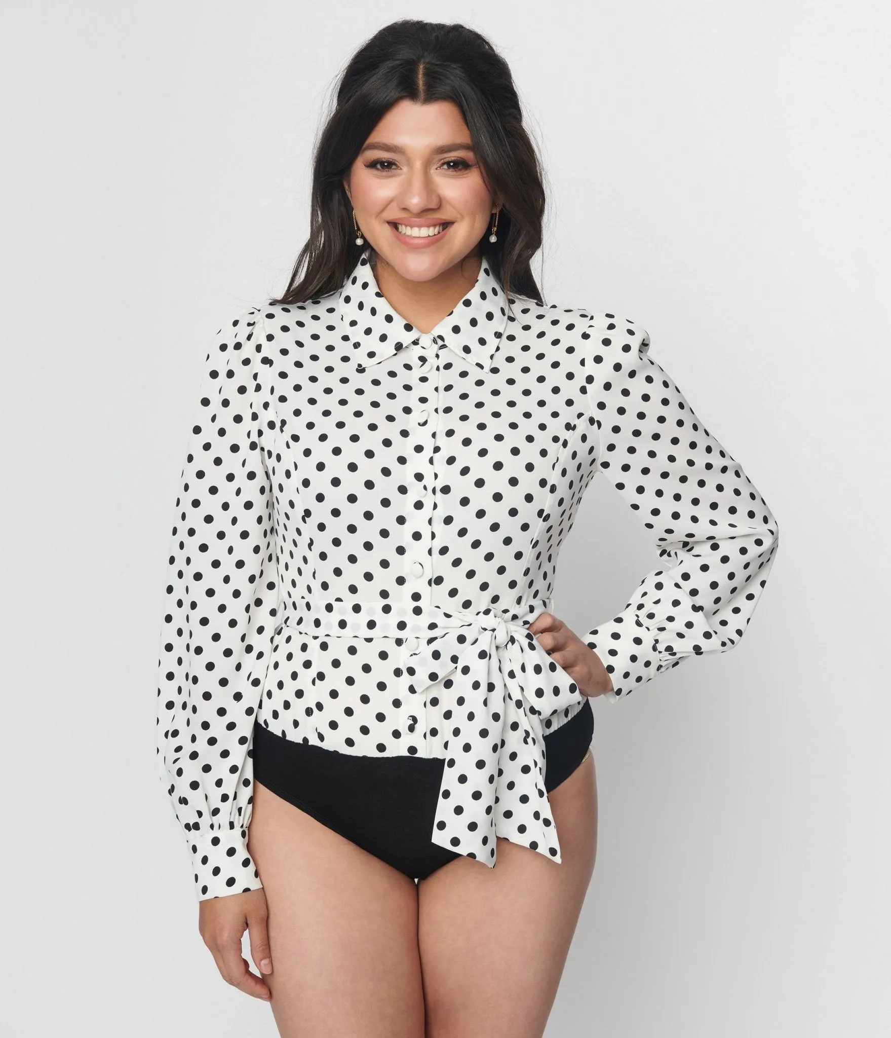 Unique Vintage White & Black Polka Sashed Bodysuit Easy Date Night