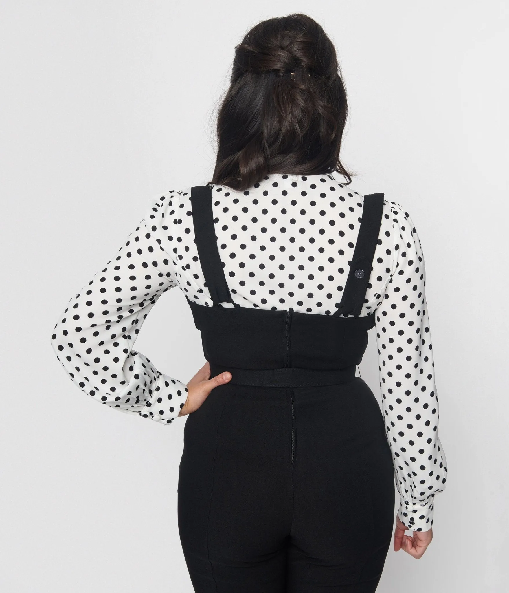 Unique Vintage White & Black Polka Sashed Bodysuit Easy Date Night