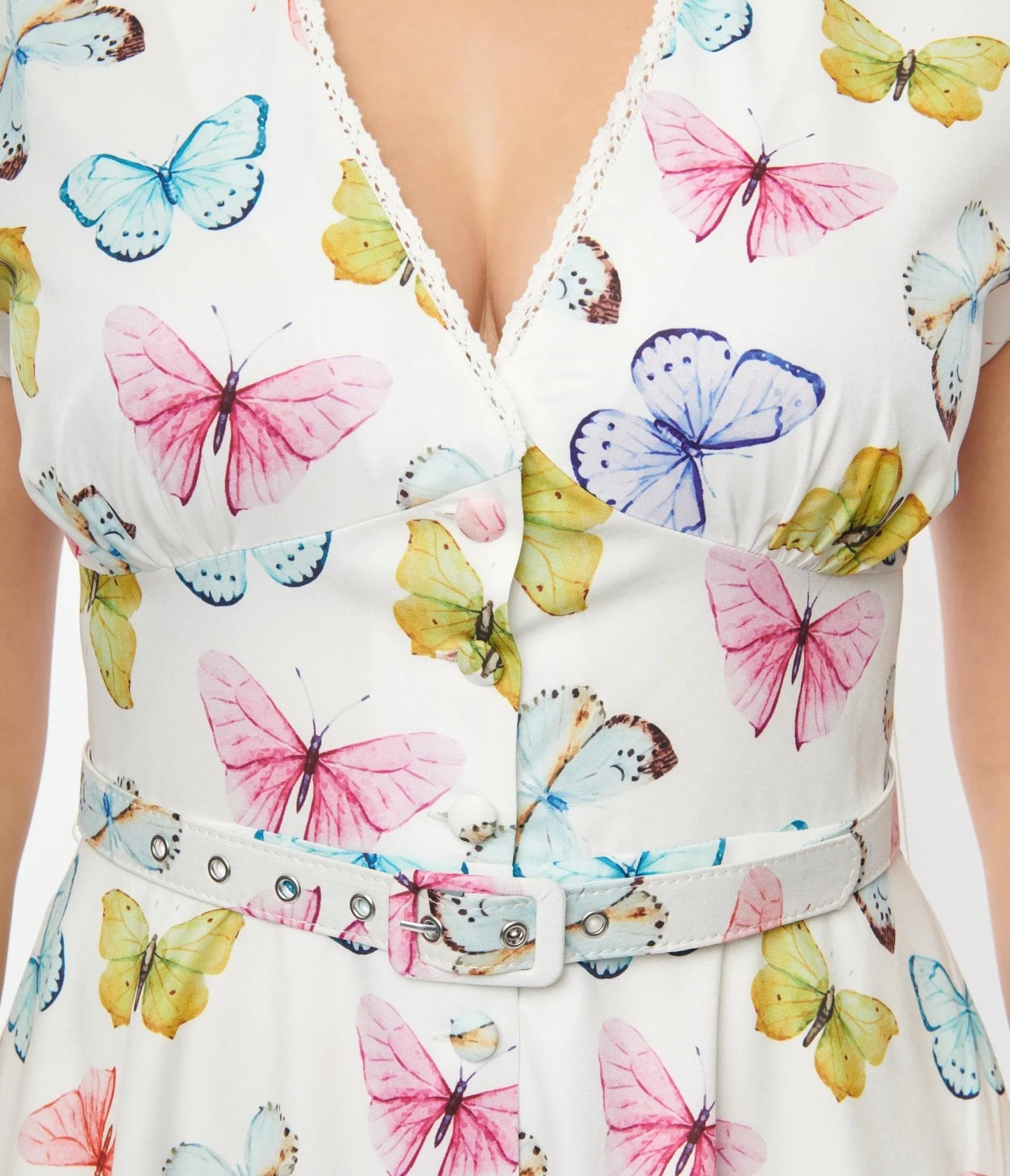 Unique Vintage White Butterfly Flutter Sleeve Swing Dress Casual Everyday Look