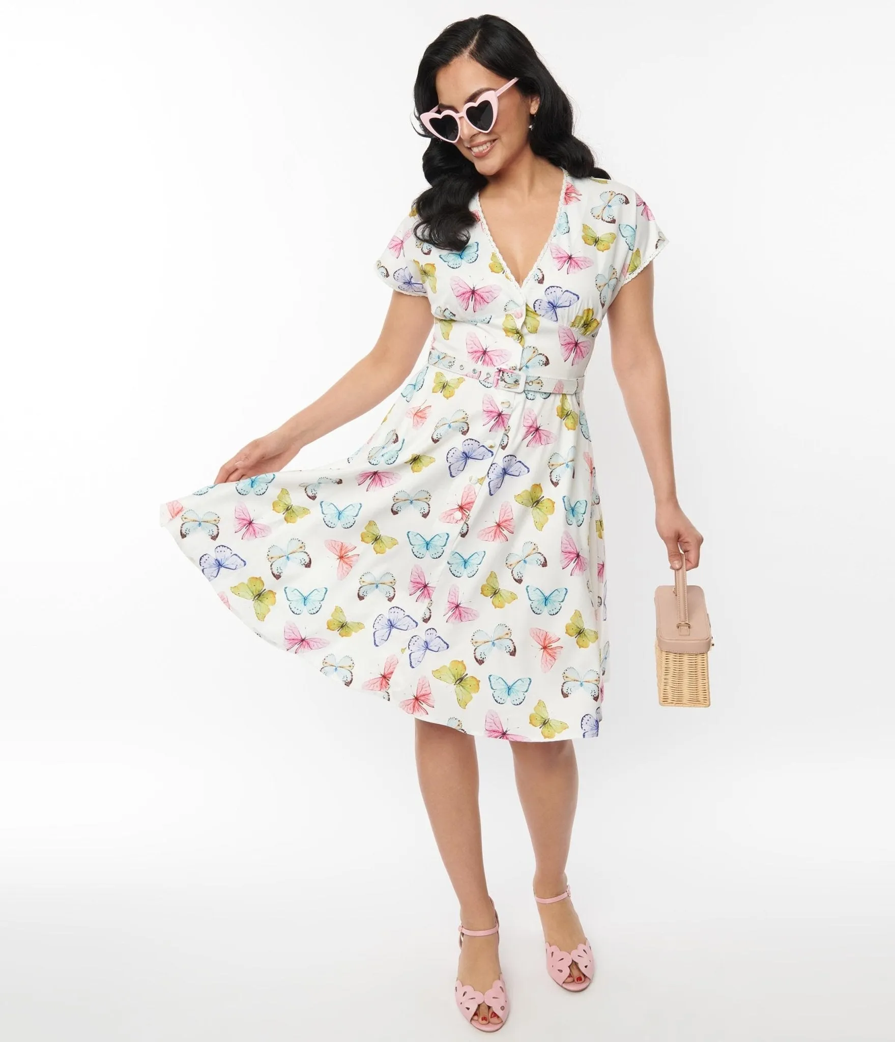 Unique Vintage White Butterfly Flutter Sleeve Swing Dress Casual Everyday Look