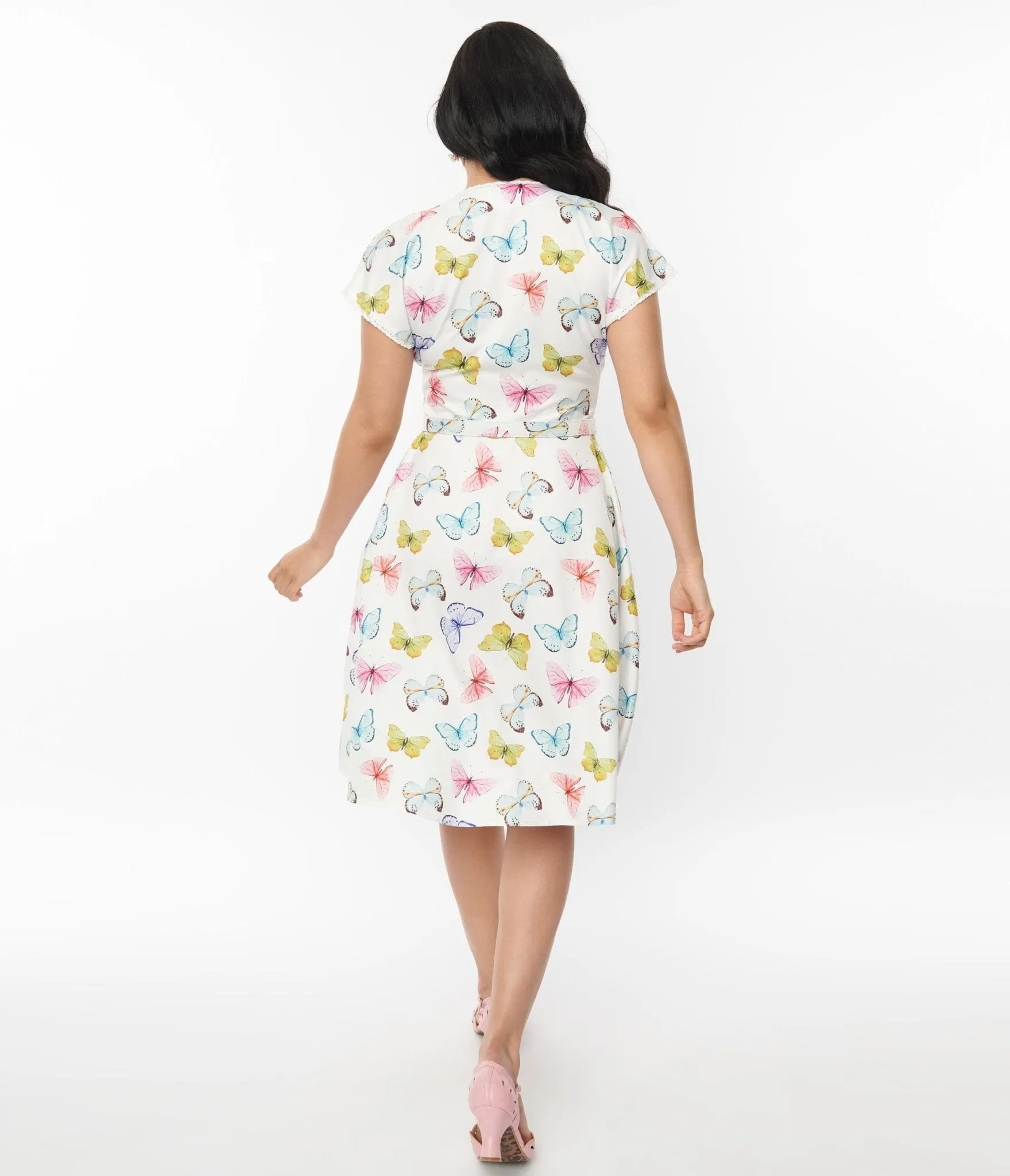 Unique Vintage White Butterfly Flutter Sleeve Swing Dress Casual Everyday Look
