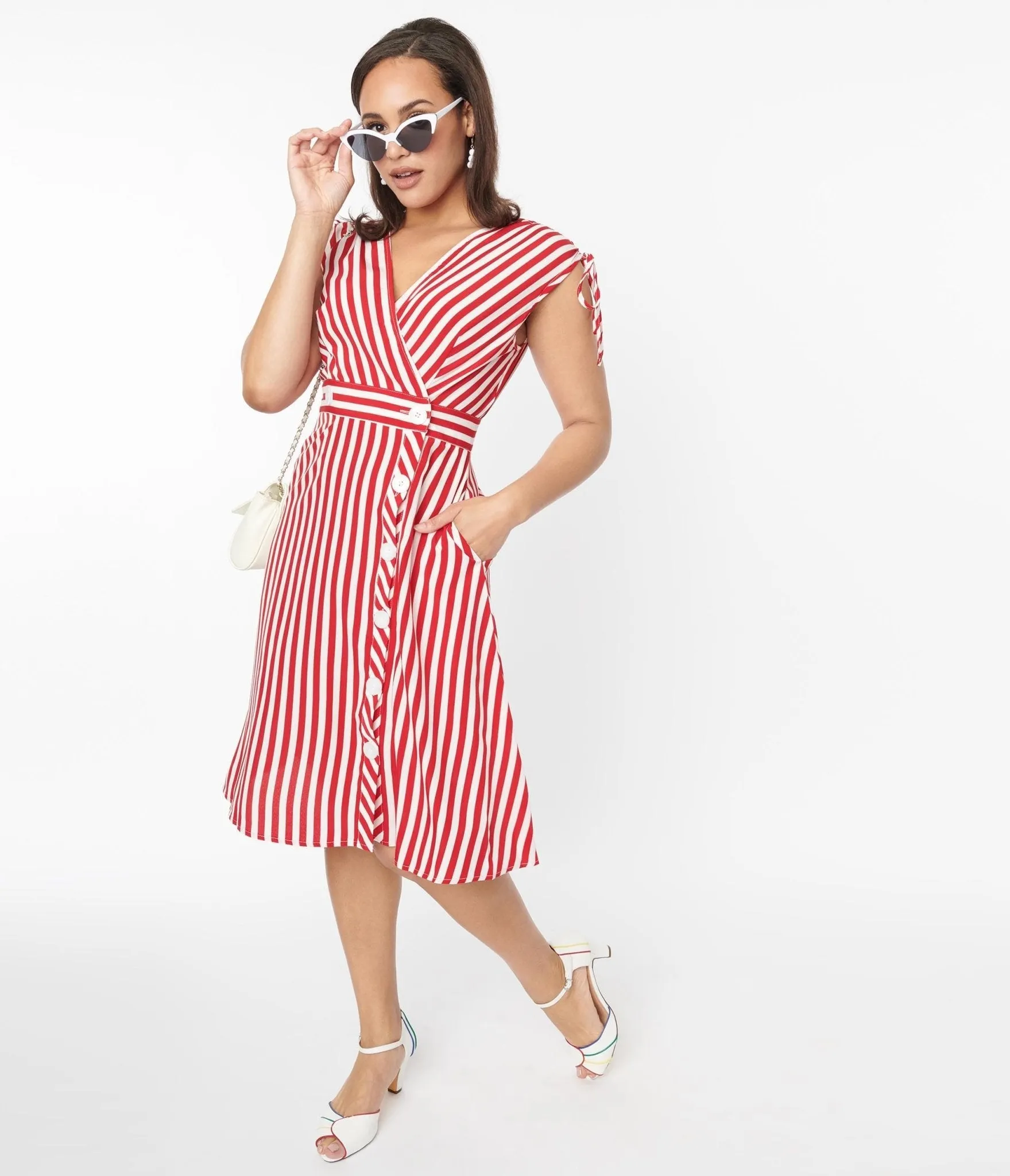 Voodoo Vixen 1940s Red & White Striped Flare Dress Casual Everyday Look