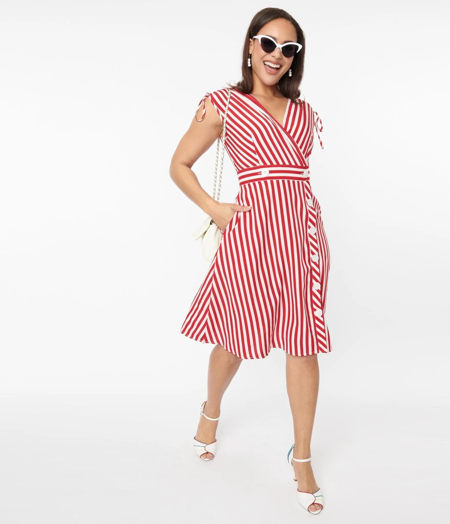 Voodoo Vixen 1940s Red & White Striped Flare Dress Casual Everyday Look