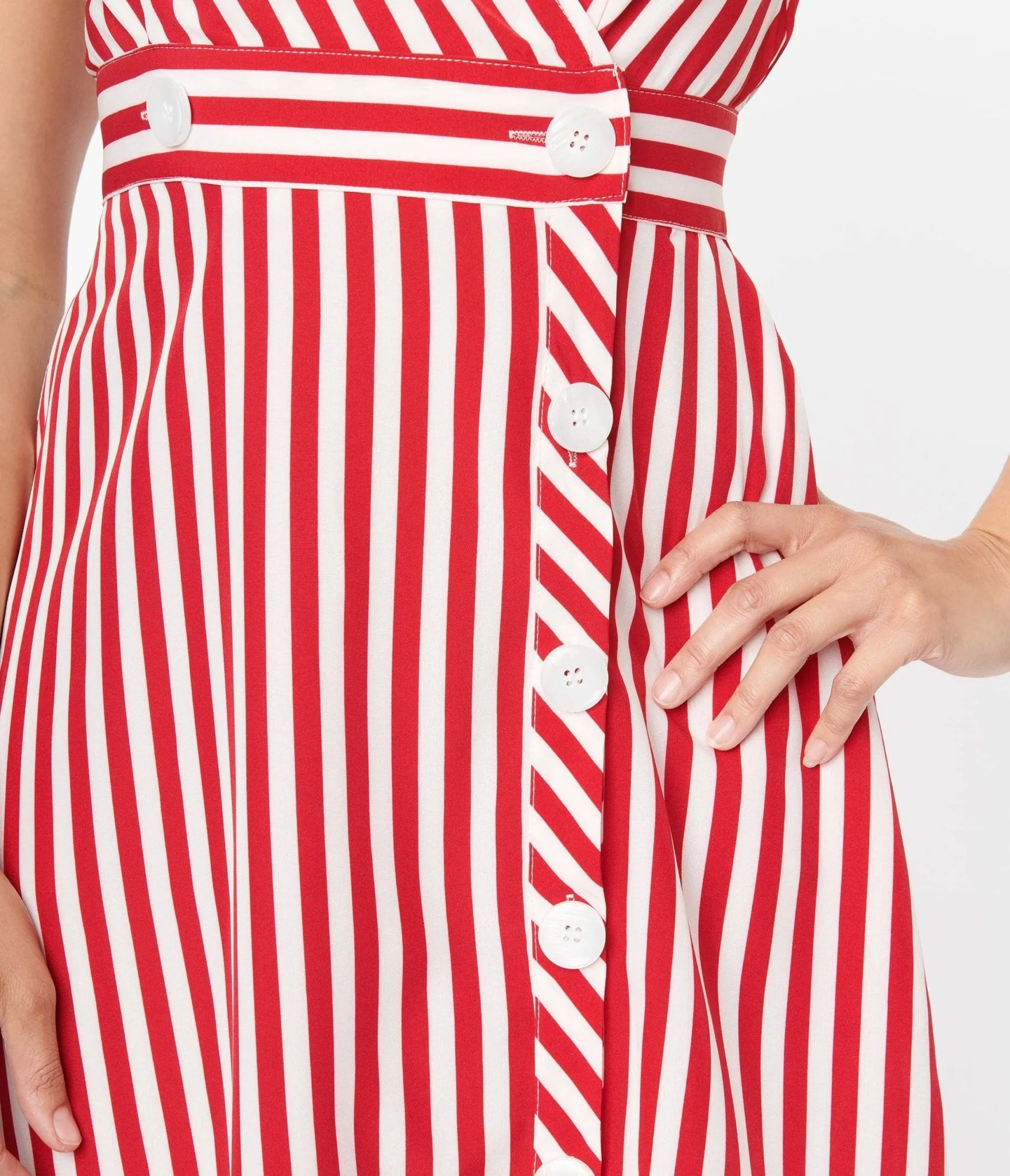 Voodoo Vixen 1940s Red & White Striped Flare Dress Casual Everyday Look