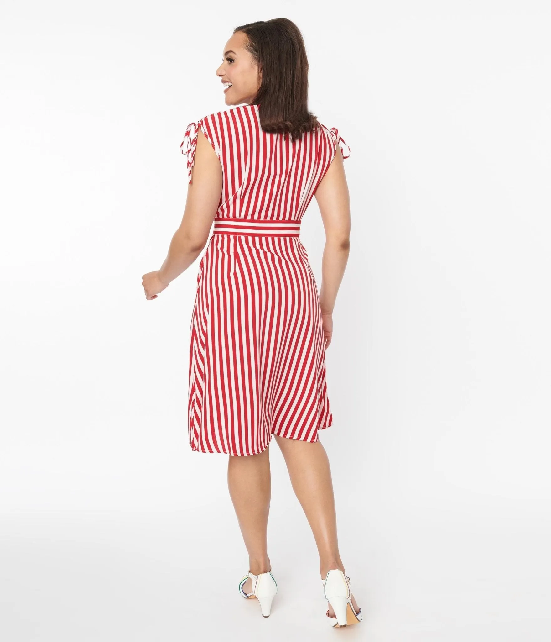 Voodoo Vixen 1940s Red & White Striped Flare Dress Casual Everyday Look