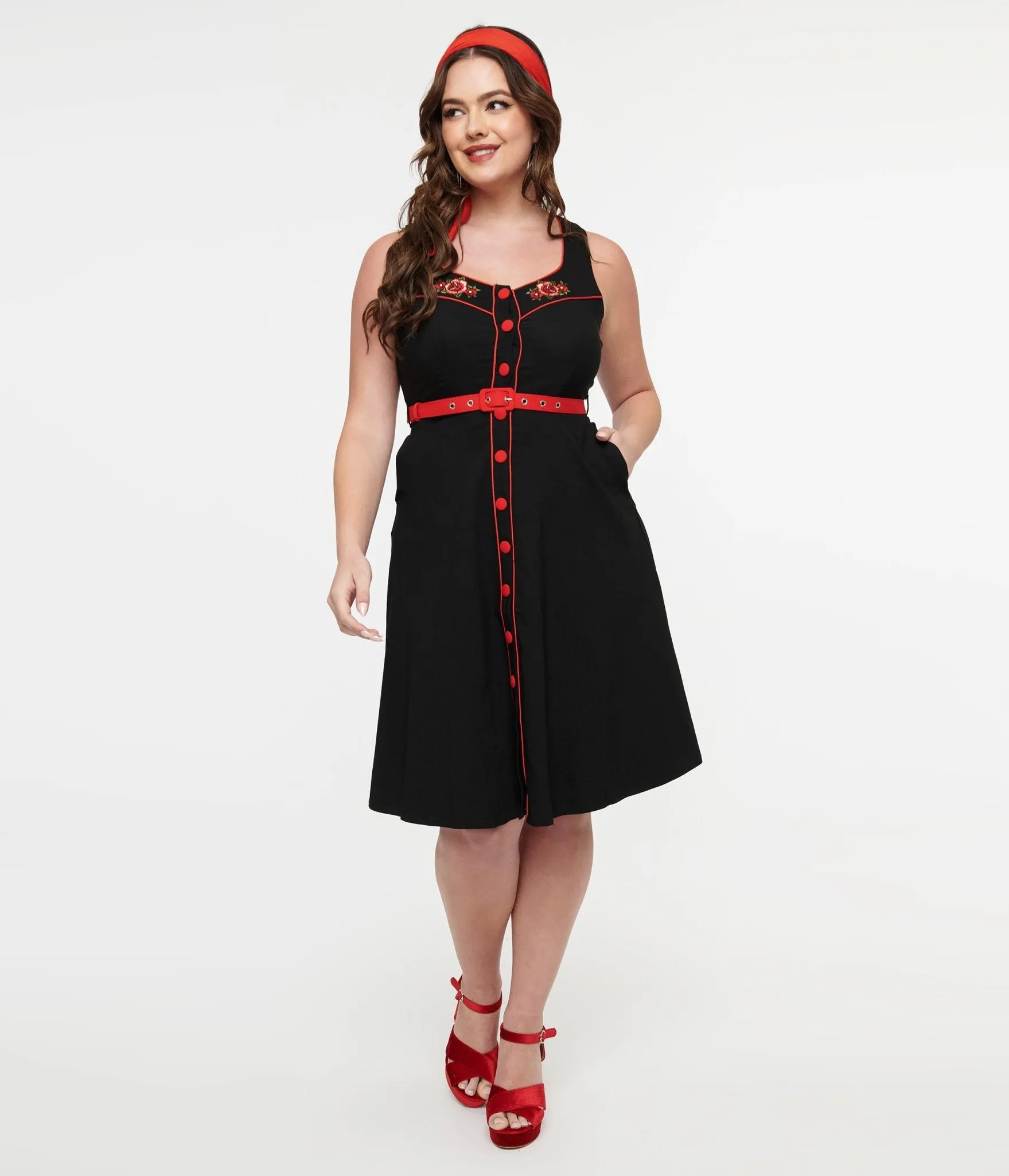 Voodoo Vixen 1950s Black & Red Western Rose Swing Dress Casual Everyday Look