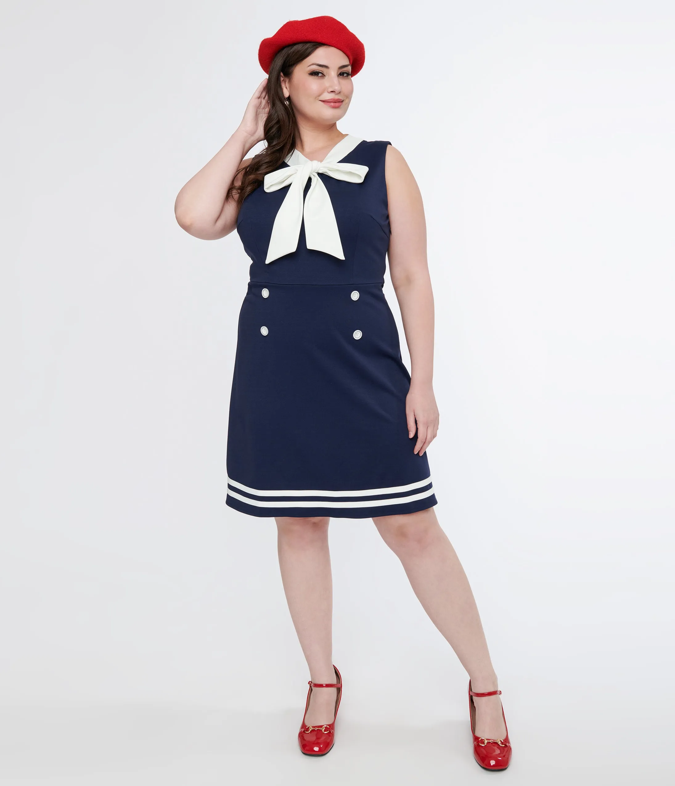Voodoo Vixen 1950s Navy & White Nautical Bow Dress Casual Everyday Look