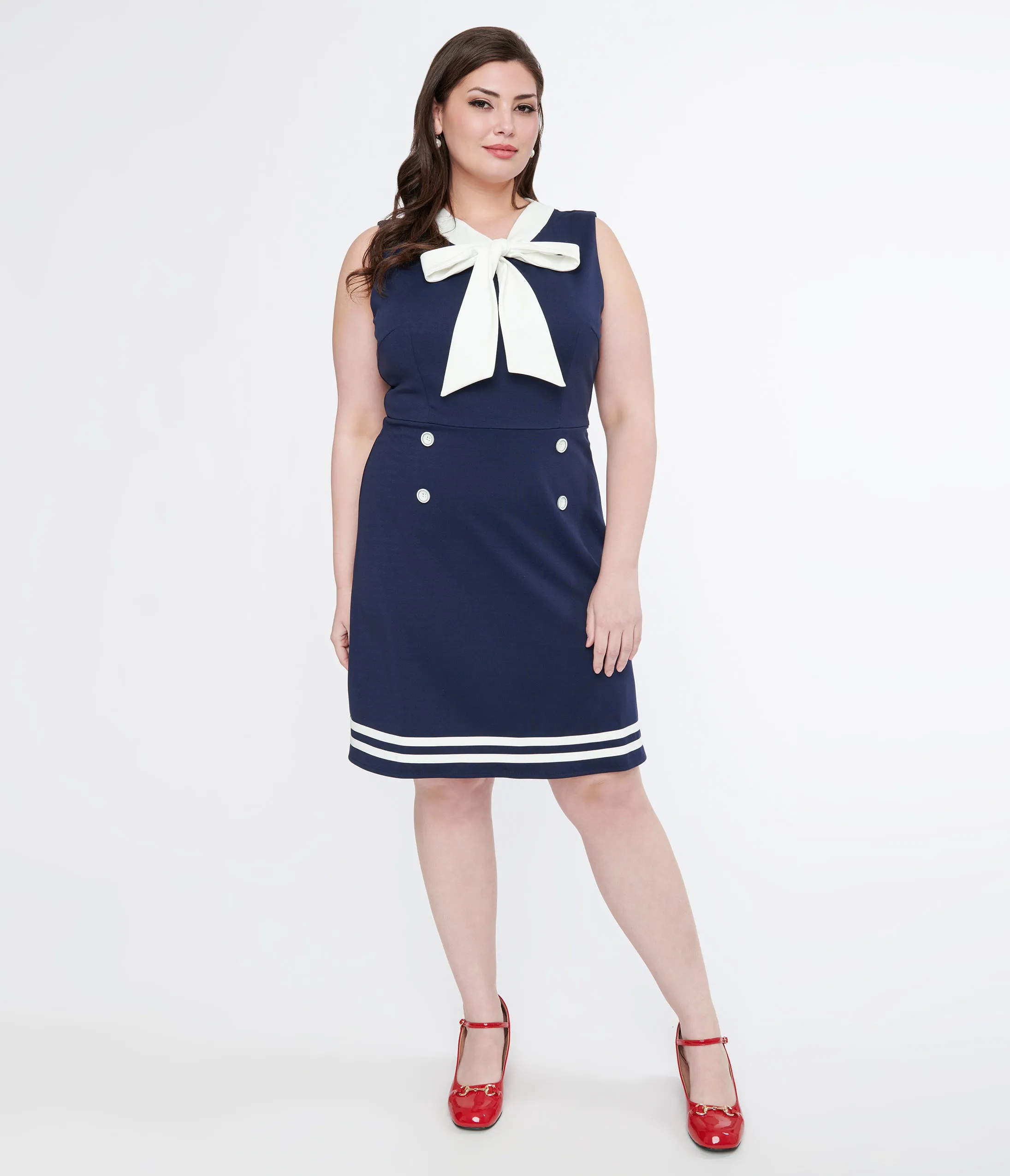 Voodoo Vixen 1950s Navy & White Nautical Bow Dress Casual Everyday Look