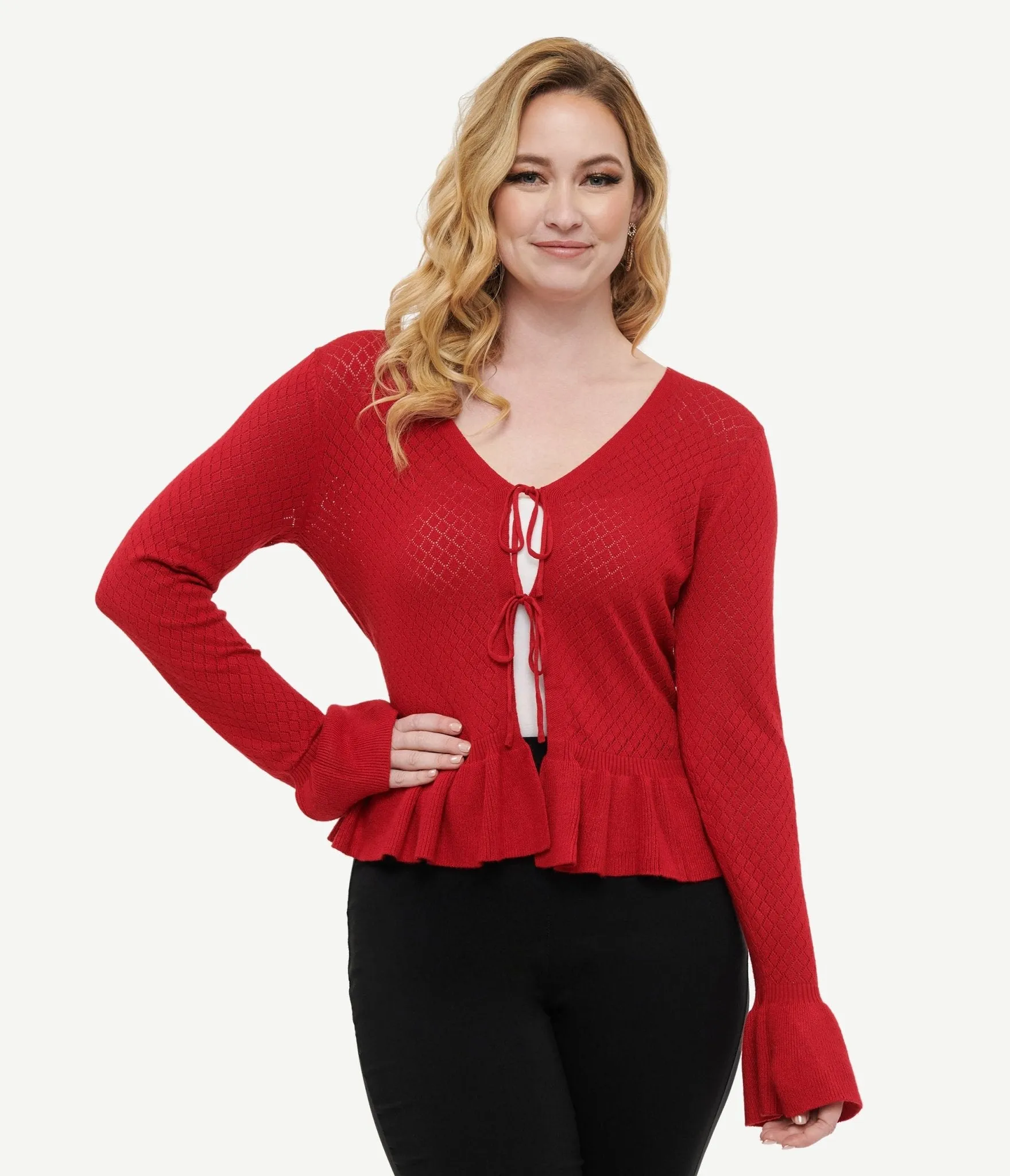 Voodoo Vixen 1970s Red Diamond Knit Cardigan Easy Date Night