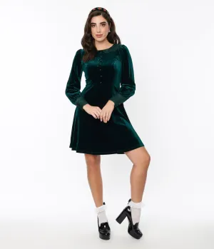 Voodoo Vixen Emerald Green Velvet Satin Fit & Flare Dress Casual Everyday Look