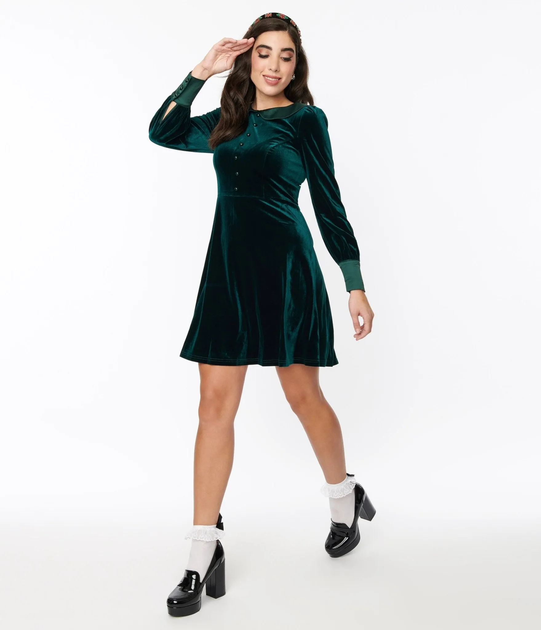Voodoo Vixen Emerald Green Velvet Satin Fit & Flare Dress Casual Everyday Look