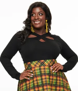Voodoo Vixen Plus Size 1950s Black Criss Cross Keyhole Top Easy Date Night