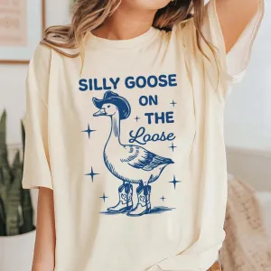 White & Blue Silly Goose On The Loose Unisex Graphic Tee Easy Date Night