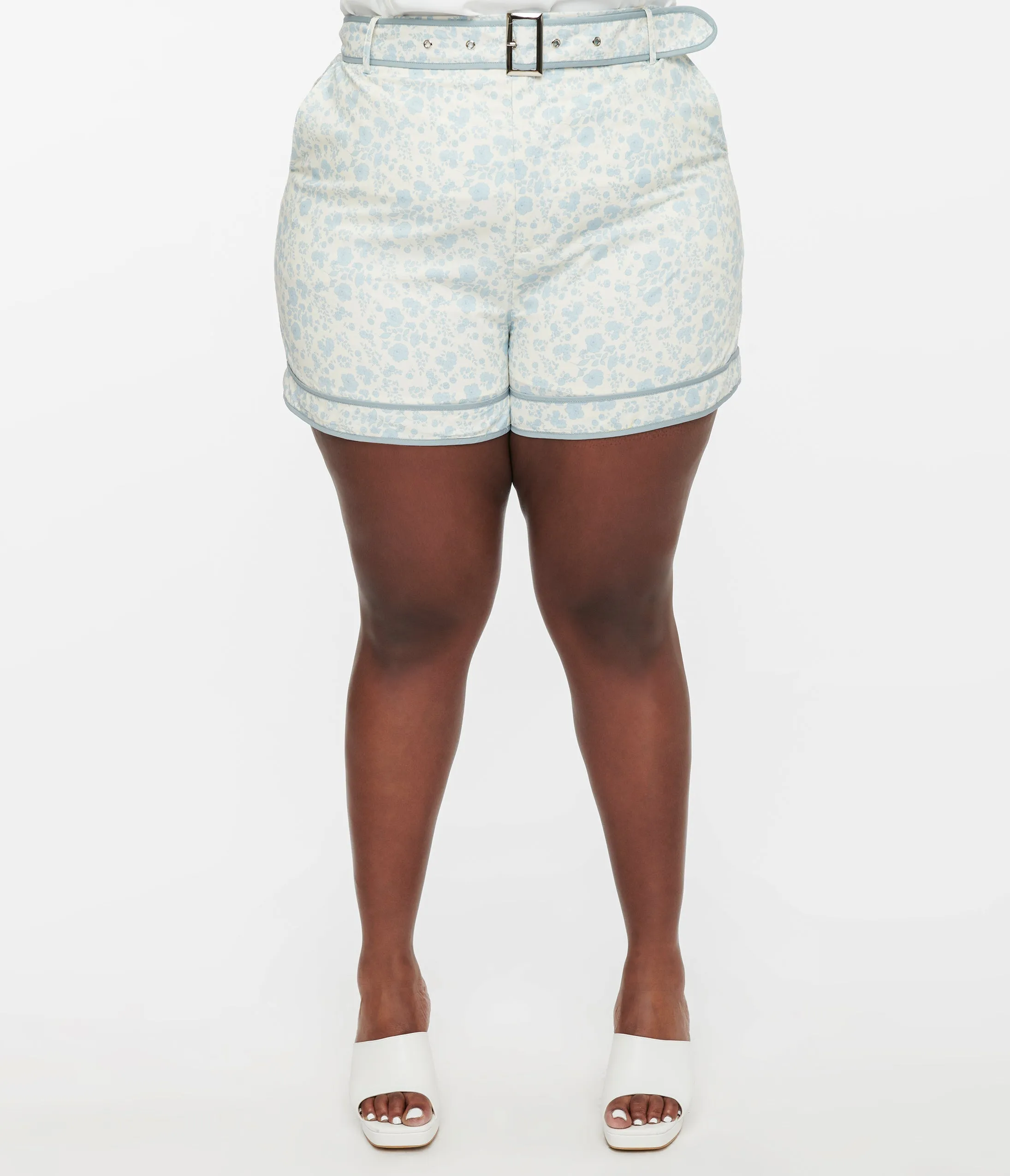 White & Dusty Blue Floral Belted Shorts Comfortable Travel Wear