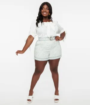 White & Dusty Blue Floral Belted Shorts Comfortable Travel Wear