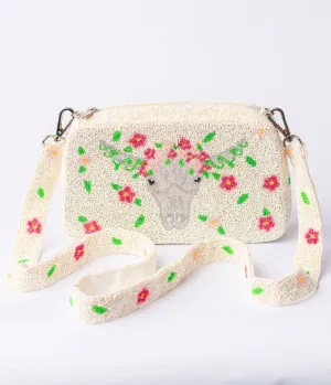 White & Flower Cow Beaded Crossbody Bag Fun Outing