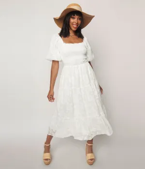White Burnout Floral Smocked Midi Dress Casual Everyday Look