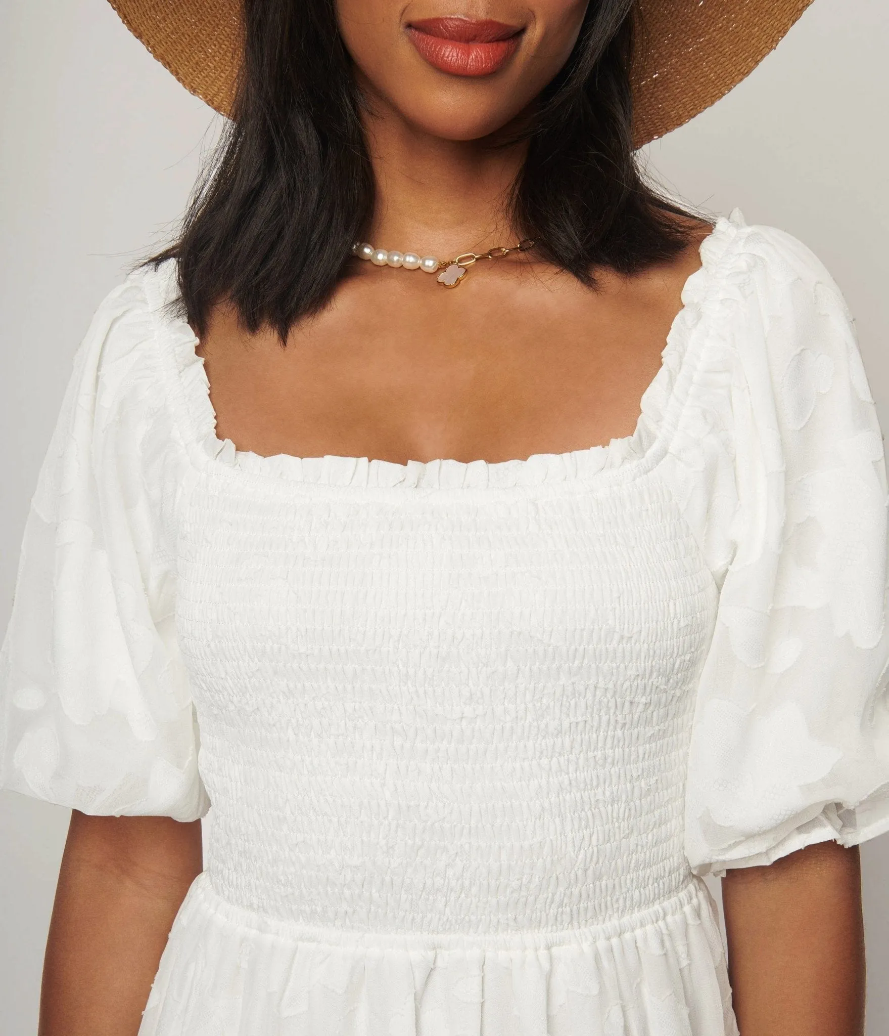 White Burnout Floral Smocked Midi Dress Casual Everyday Look