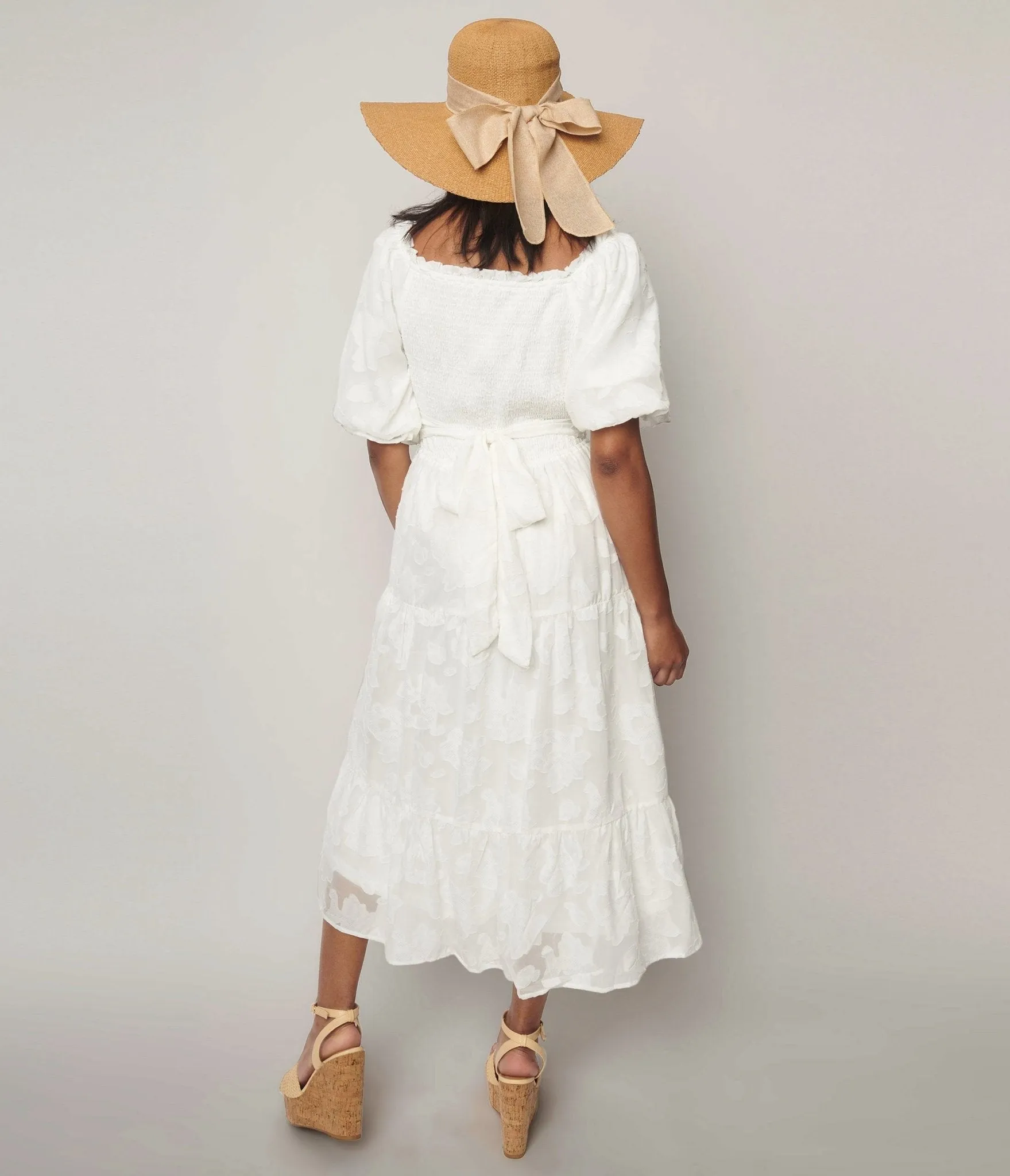 White Burnout Floral Smocked Midi Dress Casual Everyday Look