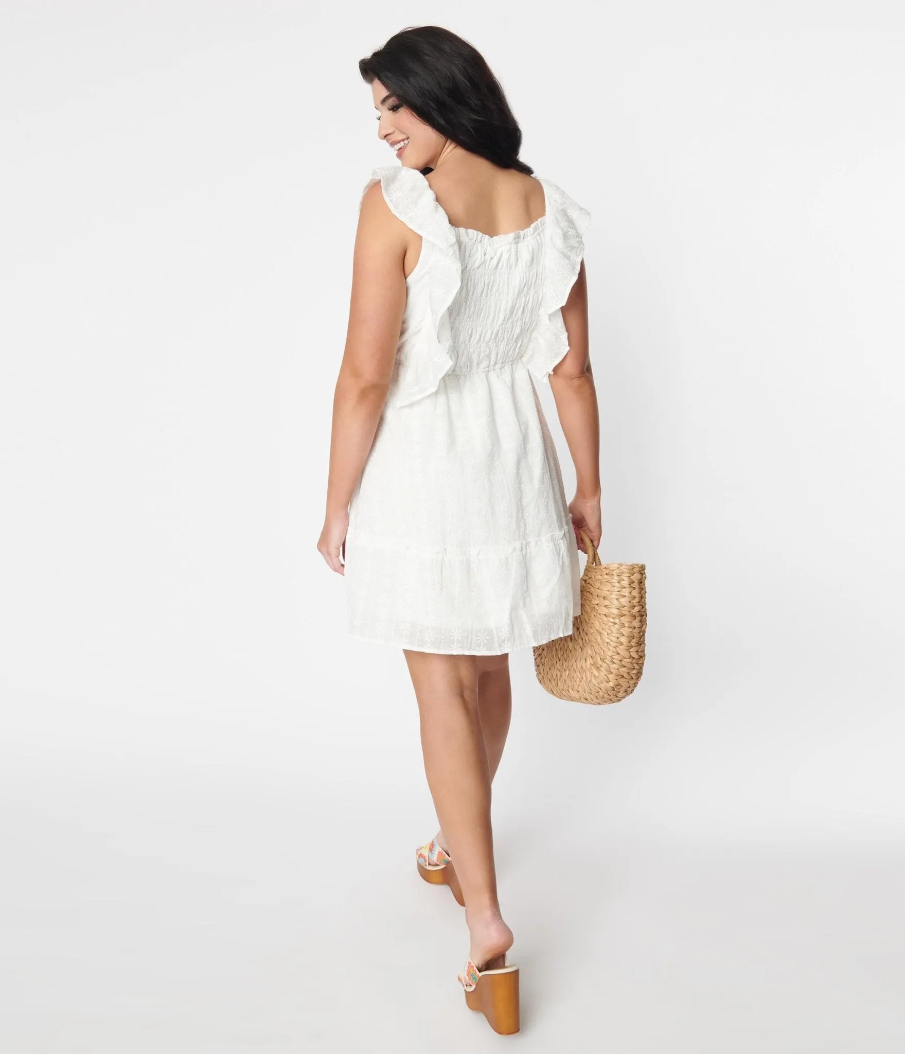 White Floral Embroidered Ruffled Shift Dress Casual Everyday Look