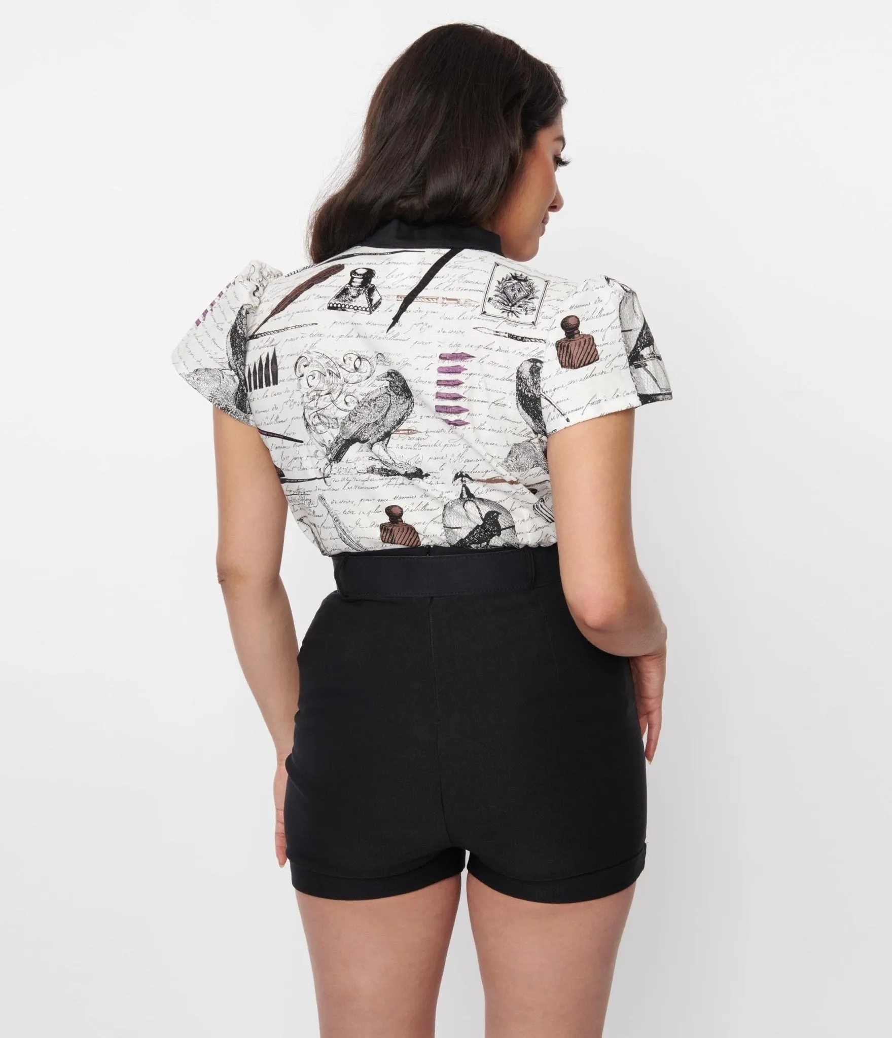 White Gothic Poet Script Tie Neck Top Easy Date Night