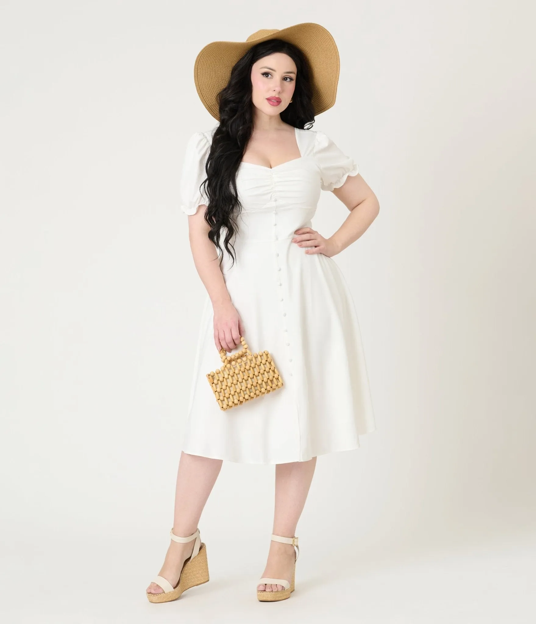 White Puff Sleeve Tea Length Dress Casual Everyday Look