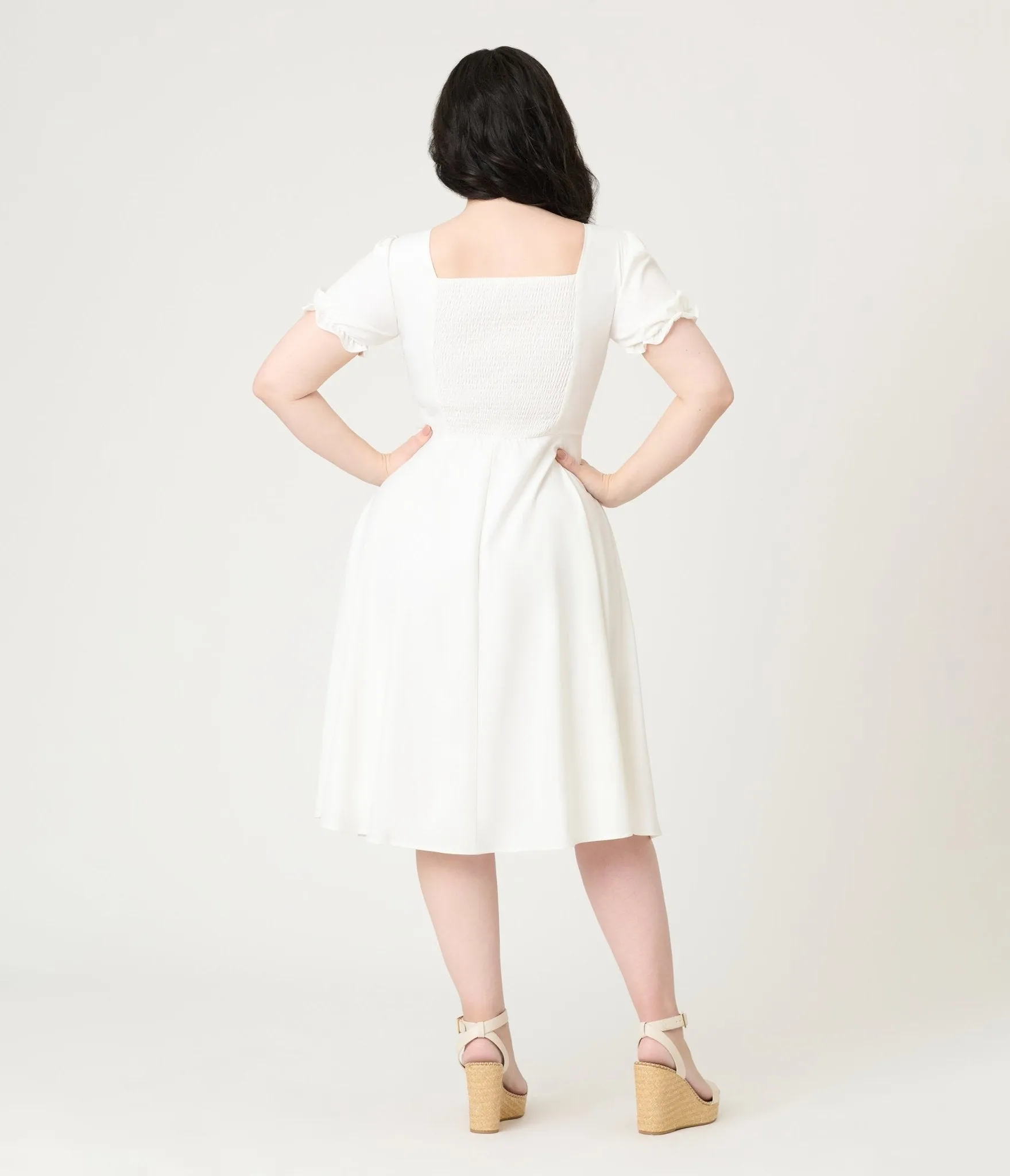 White Puff Sleeve Tea Length Dress Casual Everyday Look