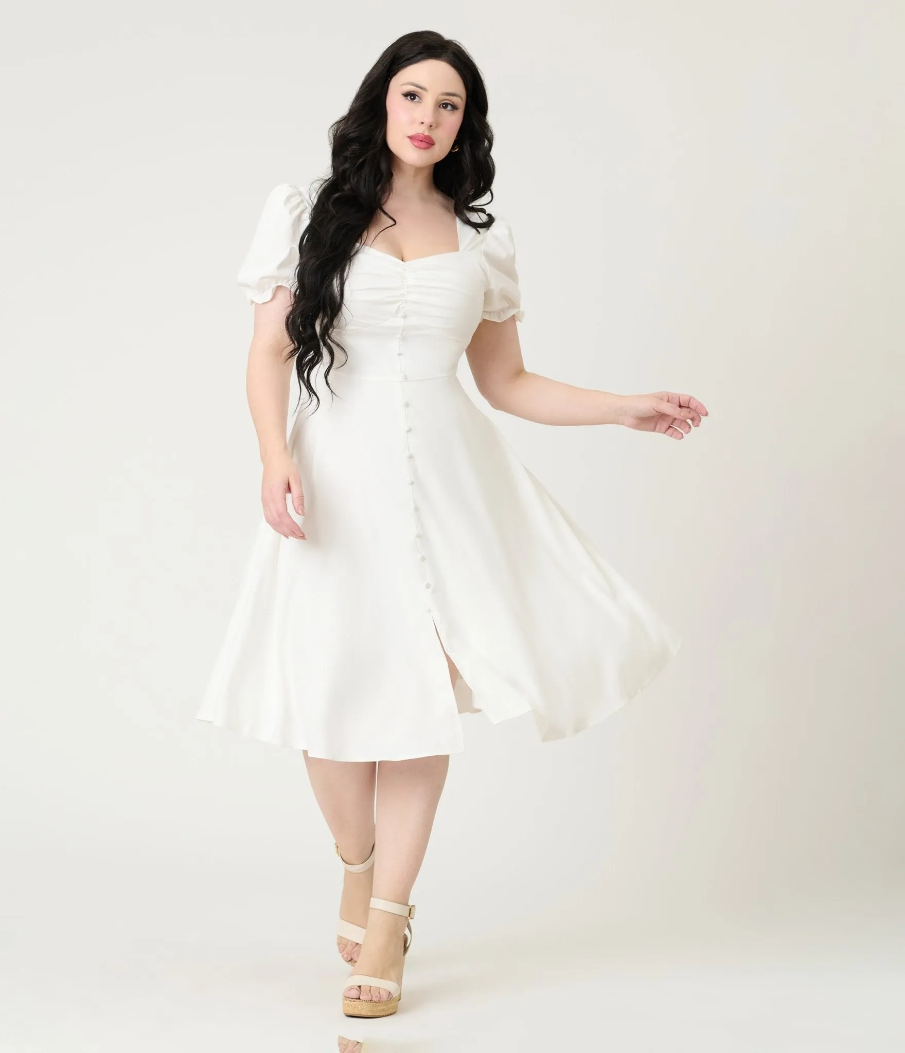 White Puff Sleeve Tea Length Dress Casual Everyday Look