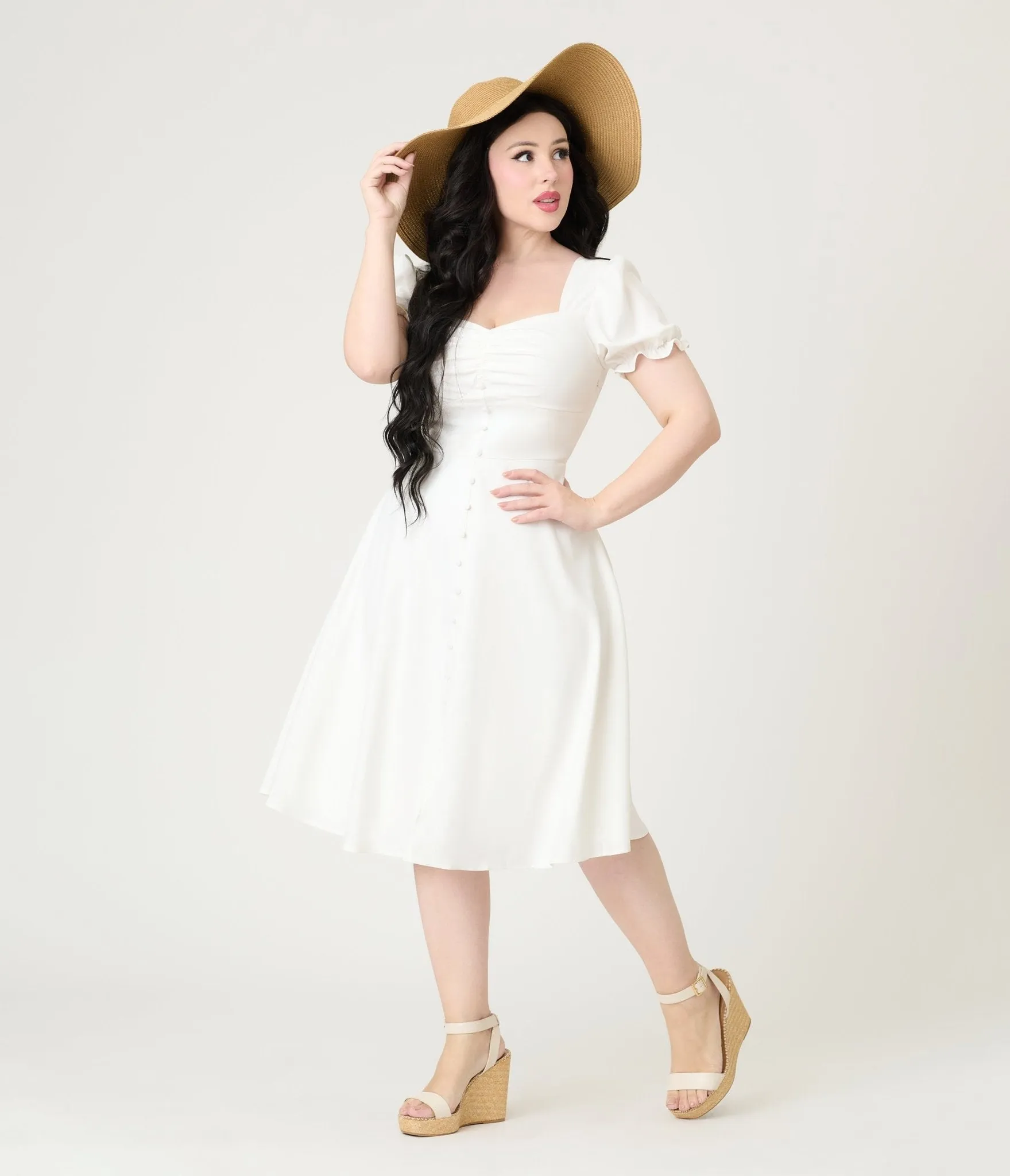 White Puff Sleeve Tea Length Dress Casual Everyday Look