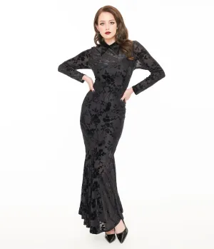 Witchwood Bags Black Sheer Velvet Flocked Floral Ophelia Maxi Mermaid Dress Casual Everyday Look