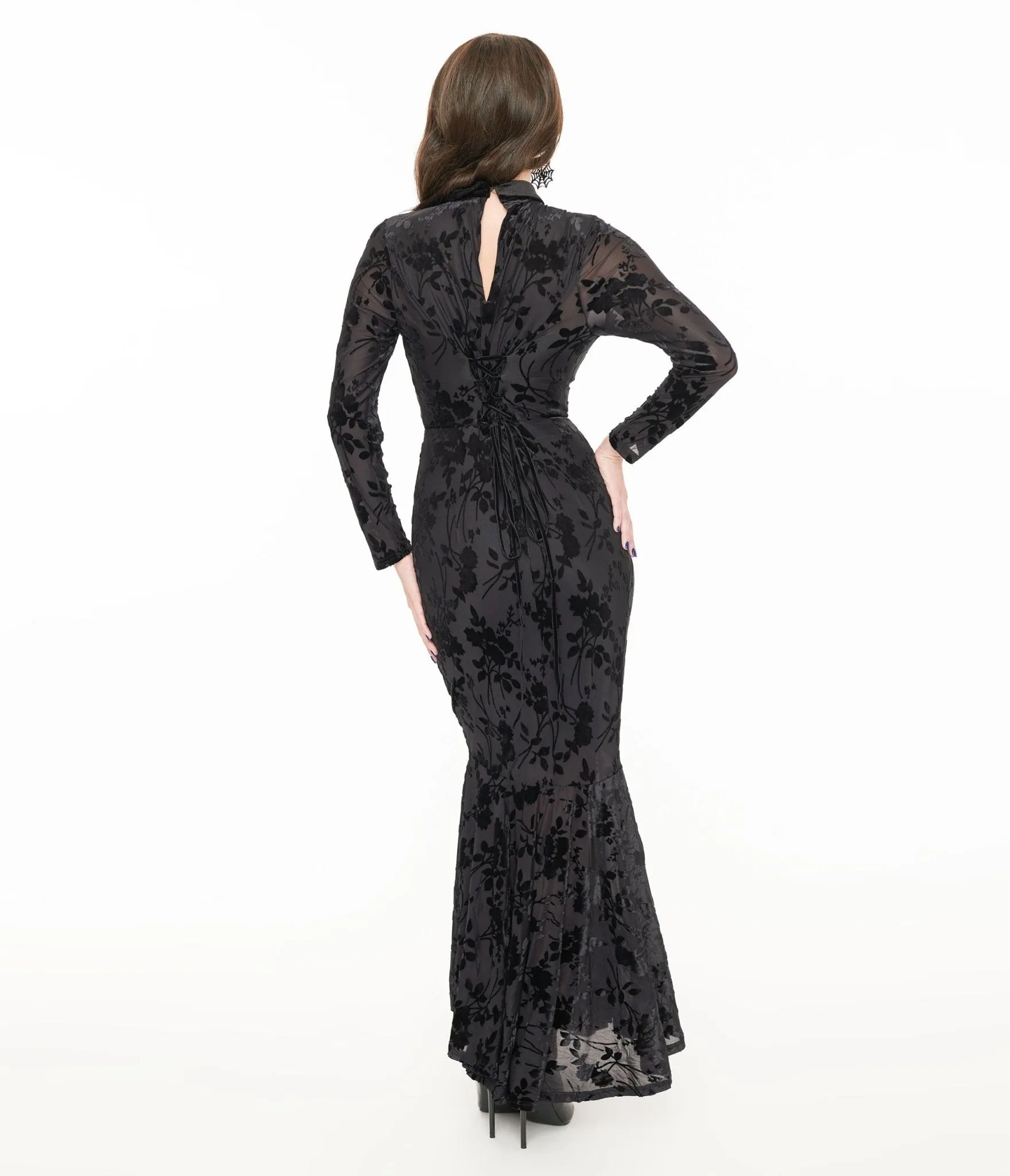 Witchwood Bags Black Sheer Velvet Flocked Floral Ophelia Maxi Mermaid Dress Casual Everyday Look