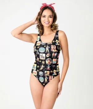 Yeehaw Vintage Cowboy Collage Black One Piece Swimsuit Beach Vacation Ready